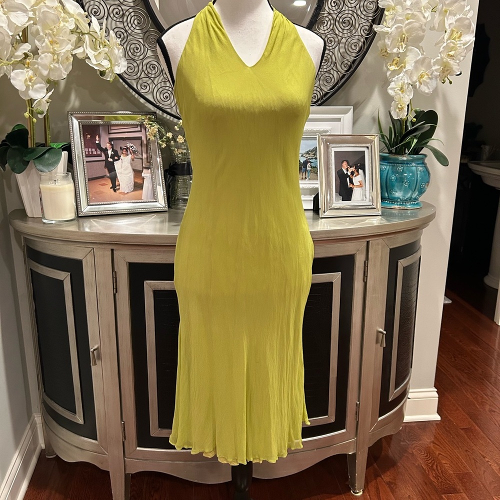100% silk Donna Morgan Sleeveless V-Neck Midi Dress in Lime